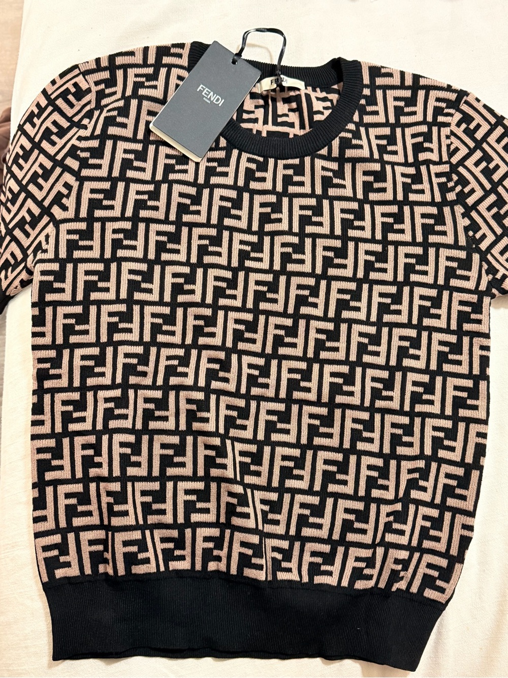 Fendi Black & Blush FF Logo Short Sleeve Knit